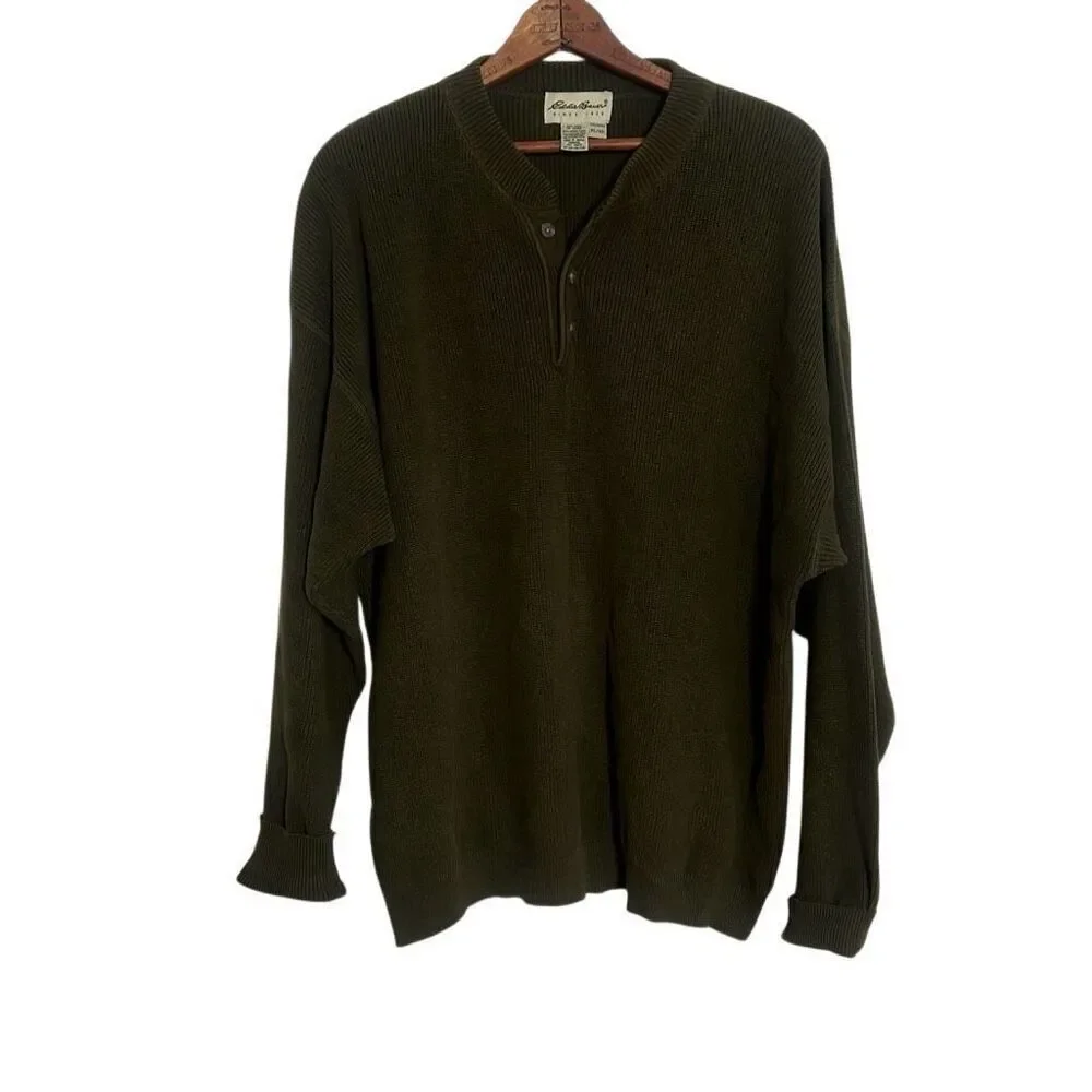 Eddie Bauer Chunky Knit Cotton Henley Pullover Sweater Olive Green‎ Size XL